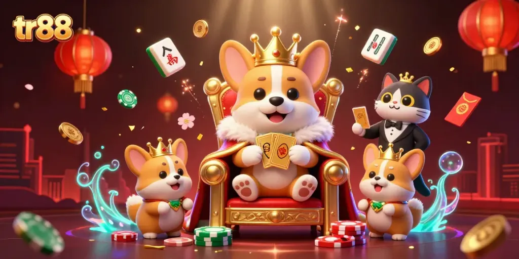 Experience the excitement of gaming with tr88's royal corgi throne surrounded by dynamic casino elements.