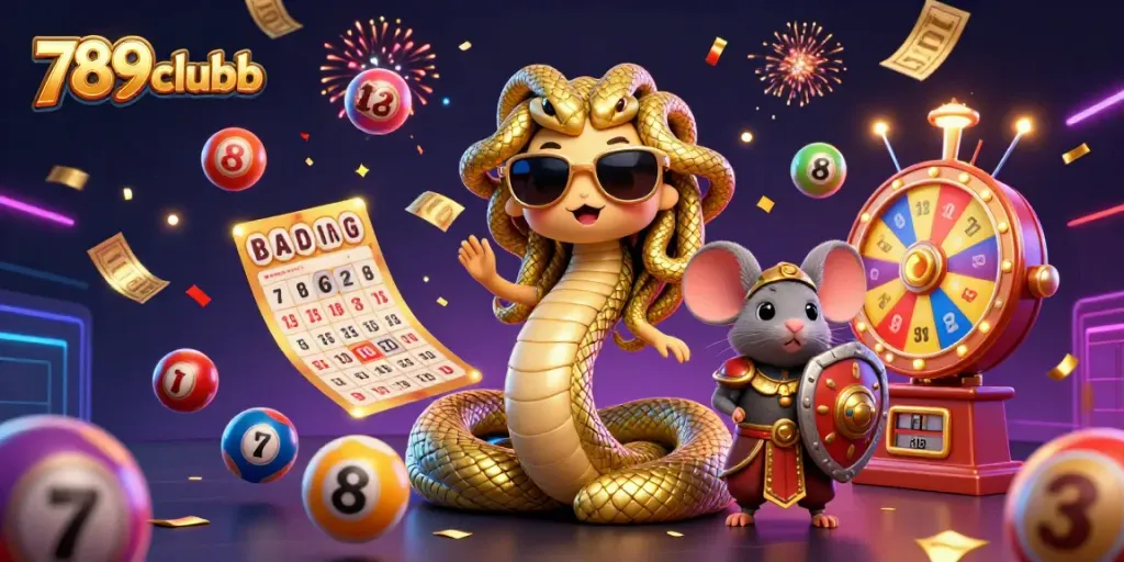 Engage with 789clubb in this vibrant scene featuring dynamic lottery elements and playful characters.