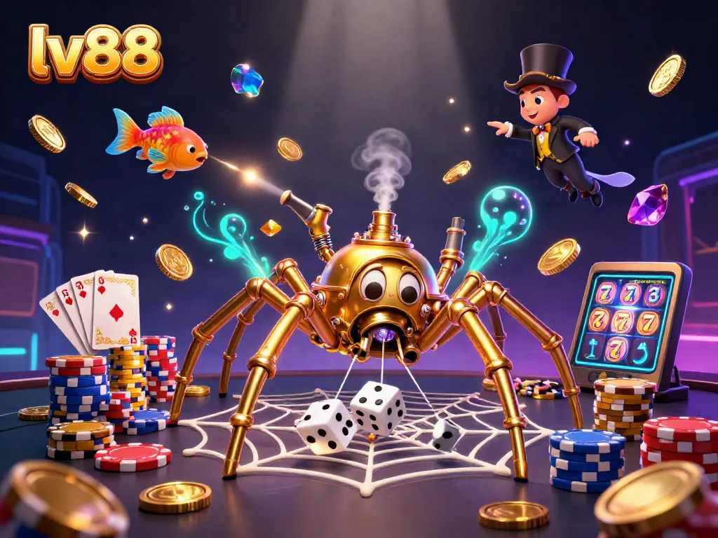 Experience intensive gaming action with lv88's vibrant steampunk spider scene, highlighting slot and fish shooting elements.