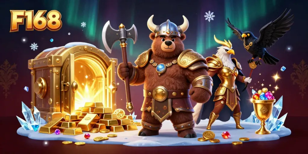 Experience the excitement at F168 with a vibrant 3D illustration showcasing a Viking bear, Valkyrie eagle, and treasures in a dynamic casino setting.