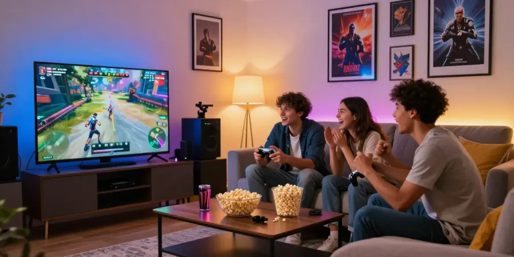 Three friends enjoying a gaming night with kilat 404 action in modern living room.