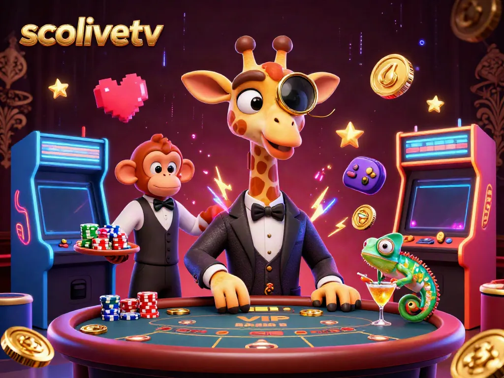 Engage with the dynamic scene of SocoliveTV gamified experience featuring a high-roller giraffe and lively casino elements.