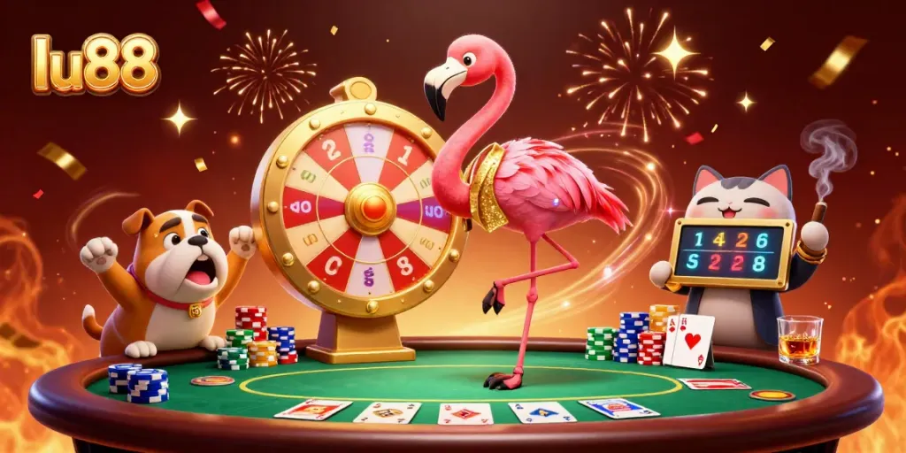lu88 celebrates with exciting casino elements as a flamingo host spins the prize wheel