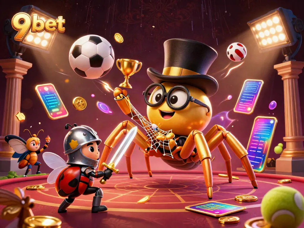 Experience the dynamic world of 9 bet with a vibrant 3D casino scene featuring a golden tarantula and action-packed sports elements.