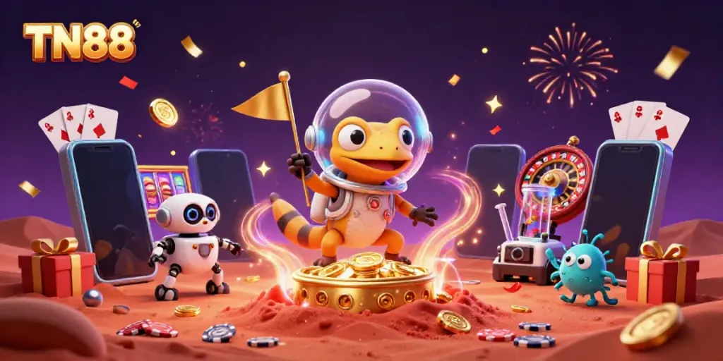 Experience thrilling gaming at TN88 with a Martian gecko discovering a golden casino.
