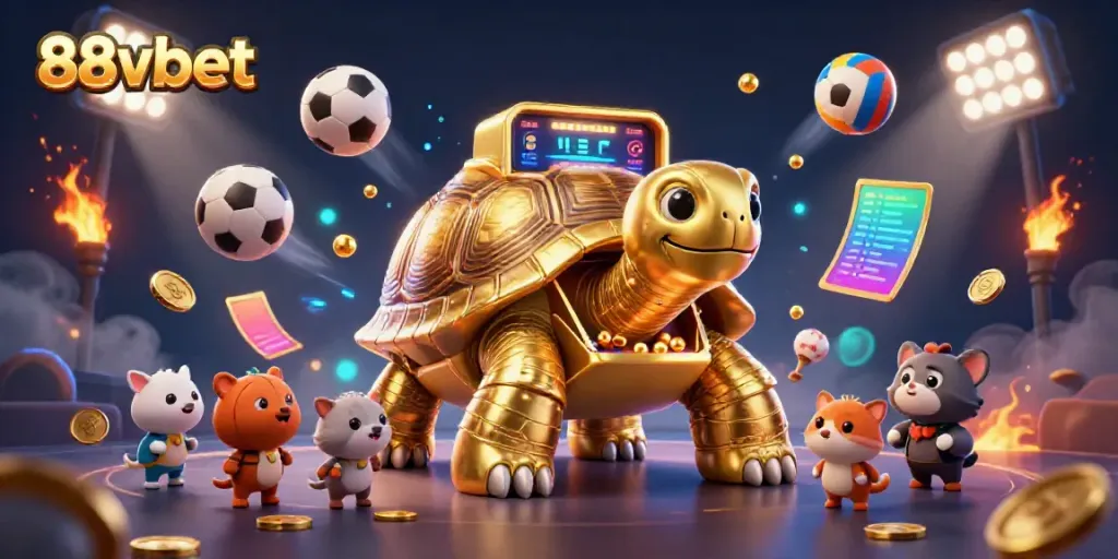 Experience thrilling gameplay with 88vbet through an exciting casino scene featuring a colossal golden tortoise.