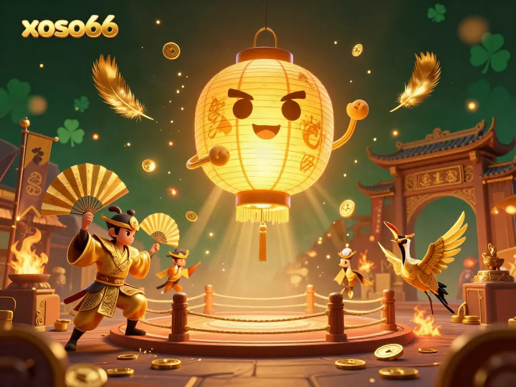 Experience the vibrant world of xoso66 in this dazzling 3D illustration showcasing a golden lantern spirit and dynamic casino elements.