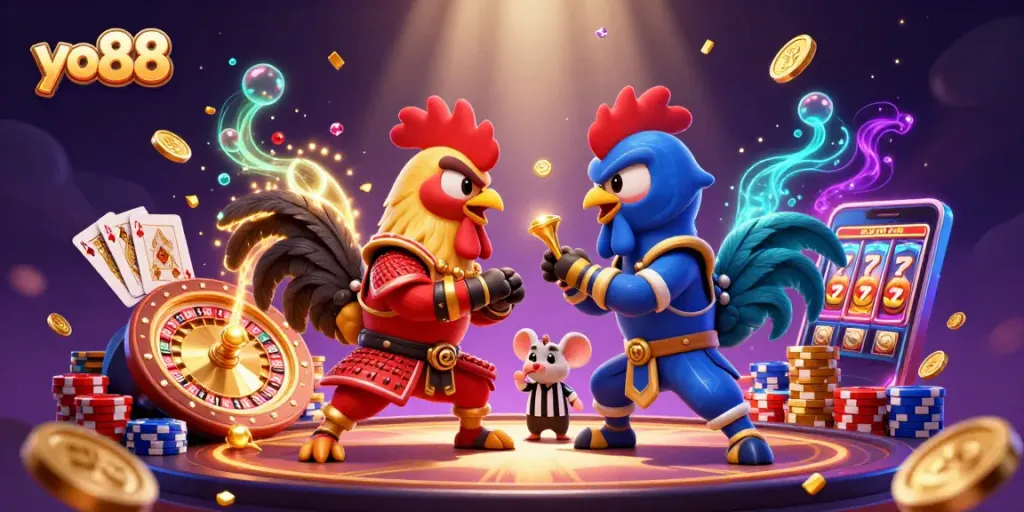 yo88 engages in a thrilling duel between cartoon roosters amid cascading casino riches.