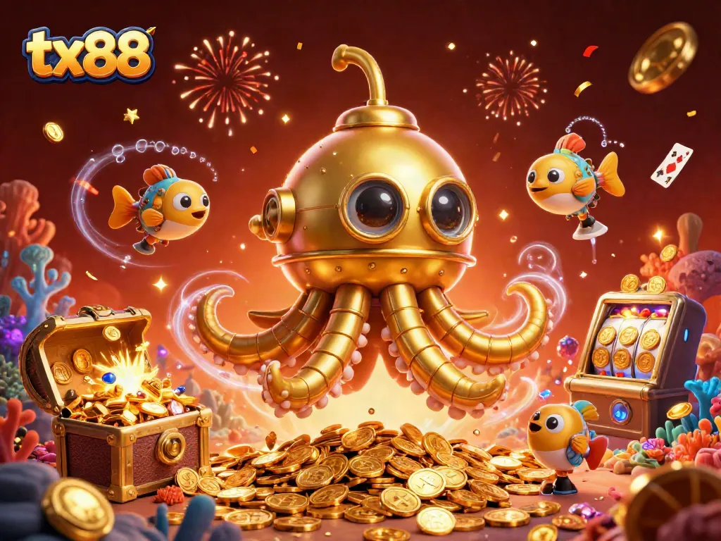 Experience excitement with tx88 as a golden kraken submarine bursts through treasures during gameplay.