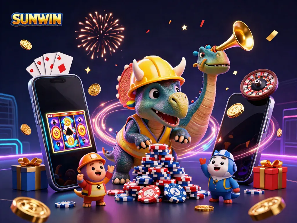 Experience thrilling gaming at SUNWIN with a vibrant illustration of fun characters celebrating casino success.