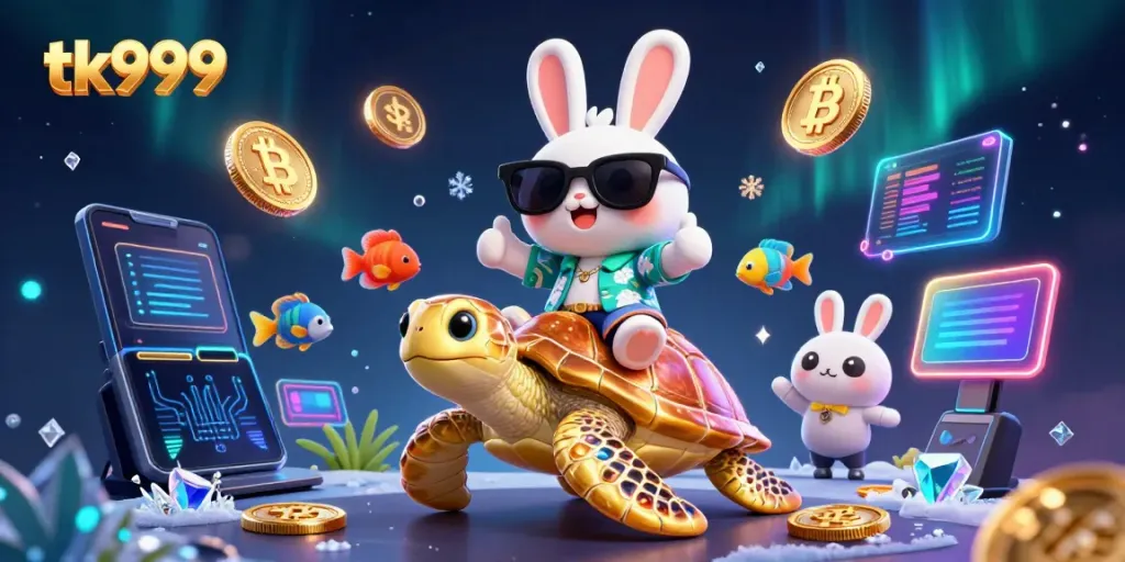 Experience the thrill with tk999 as a cartoon rabbit celebrates gaming success on a sea turtle with vibrant crypto elements.