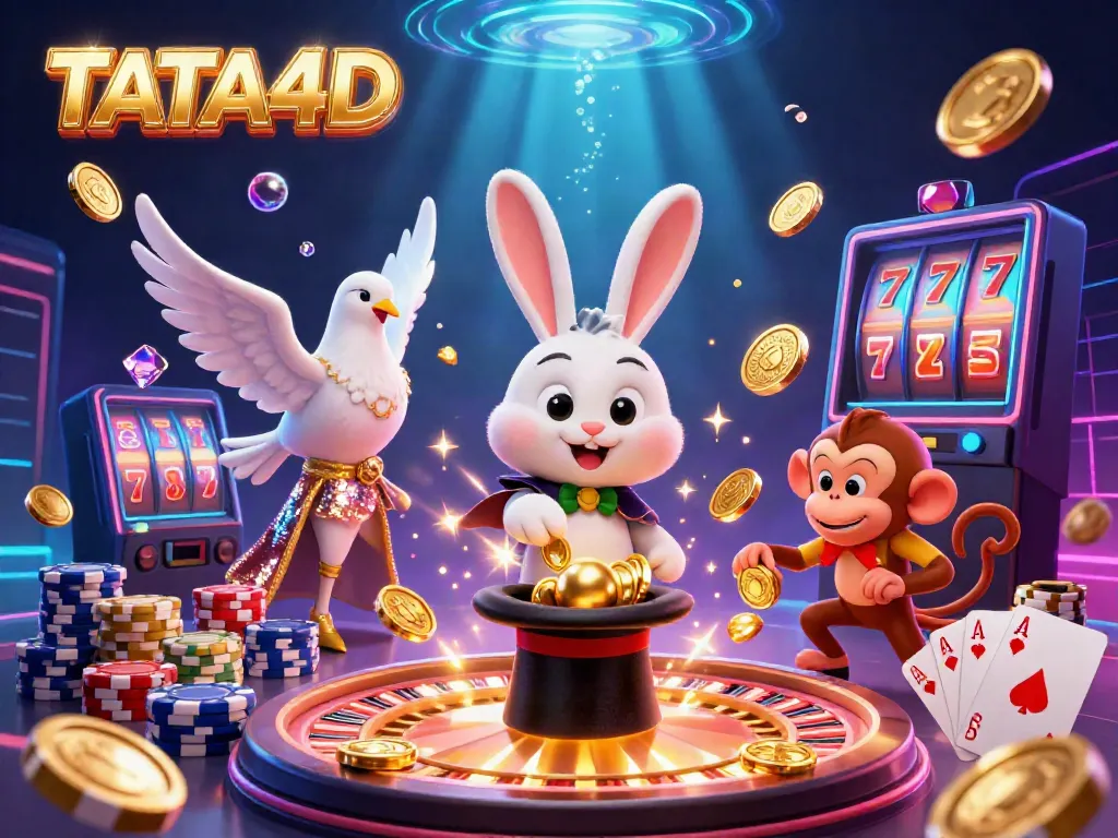 TATA4D showcases a lively 3D scene with a magician rabbit, an assistant dove, and a monkey amidst flying coins and poker chips.