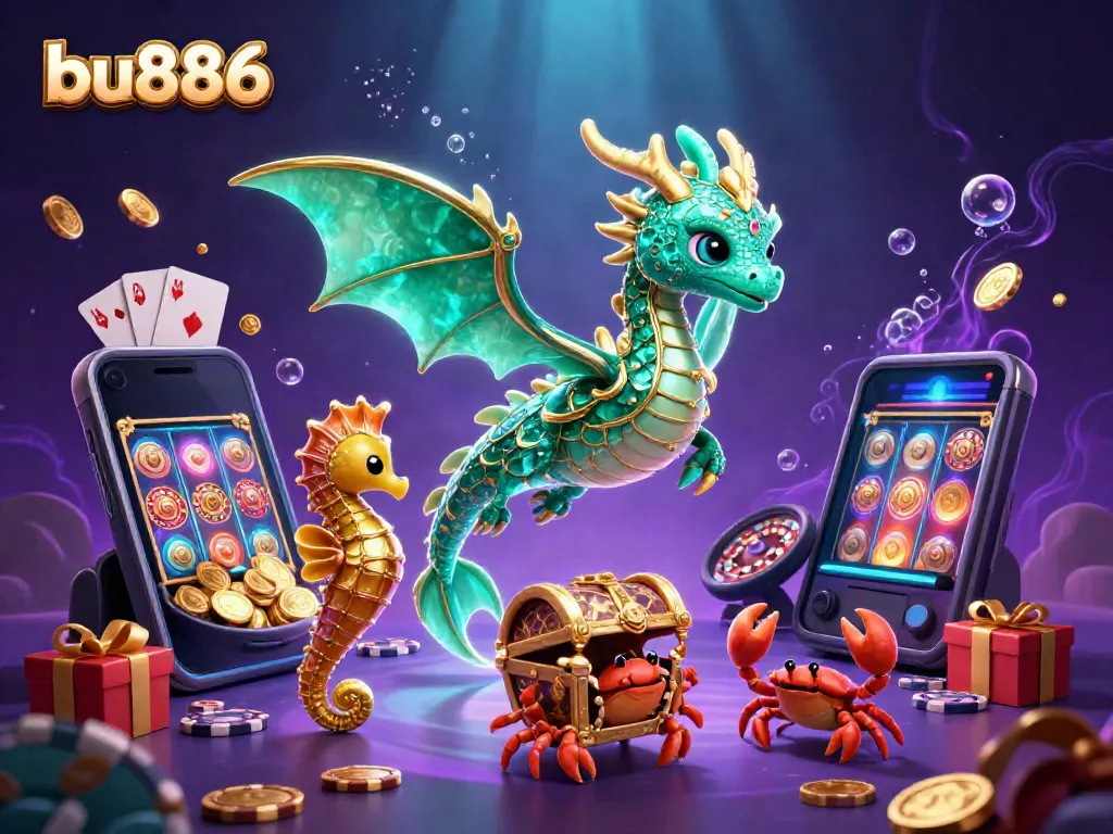 Experience the excitement with bu886 featuring a sea dragon and vibrant slot games in a magical underwater scene.
