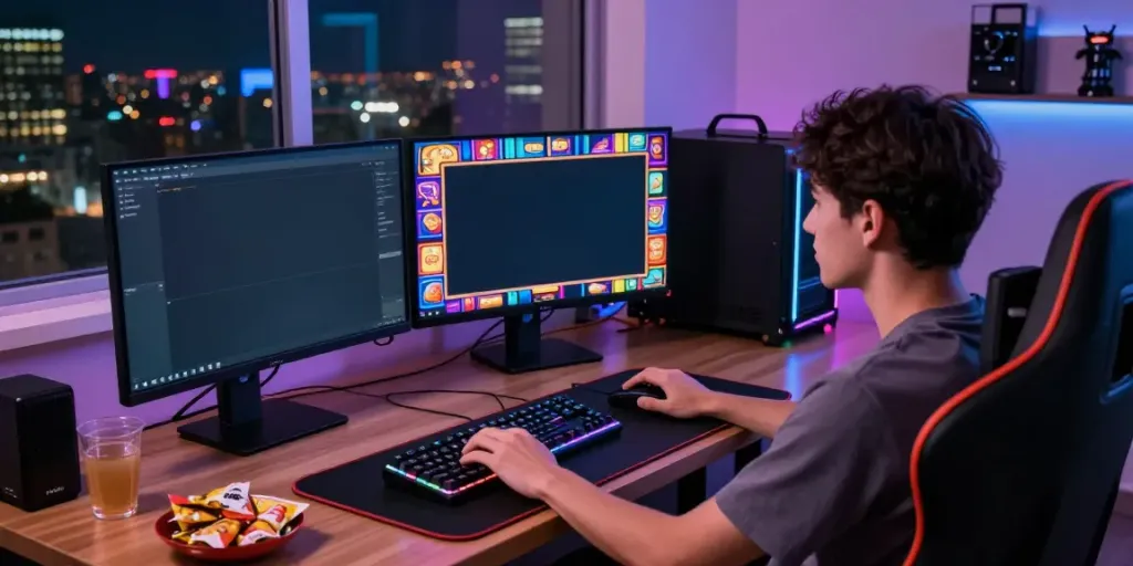 Engaging online gaming setup showing a player immersed in link gacor slot games, with vibrant screens and ambient LED lighting.