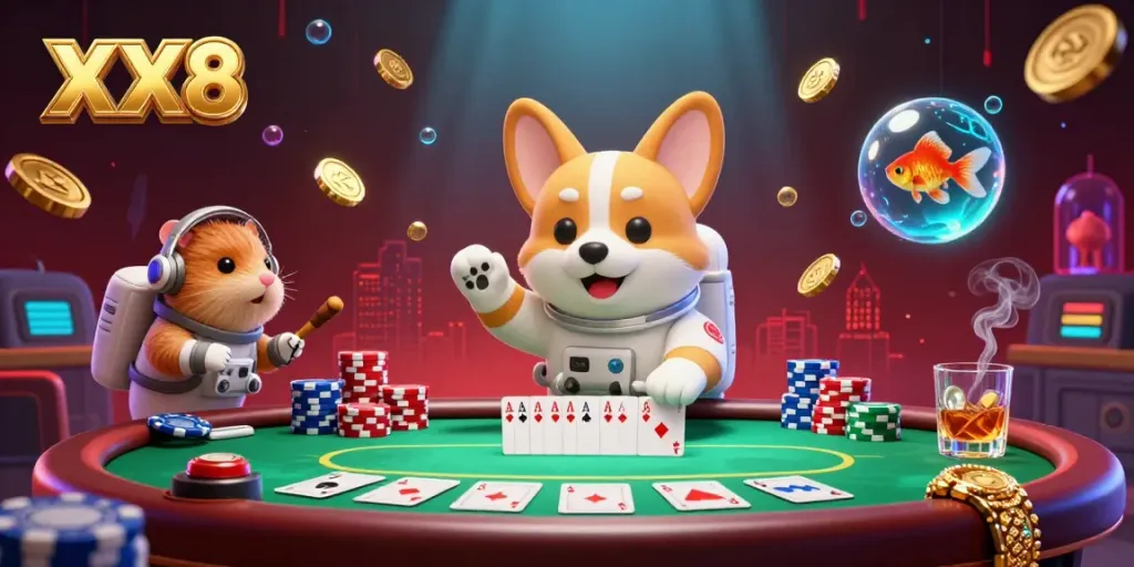 Experience the thrill of XX8 with a vibrant 3D casino scene, showcasing a playful astronaut corgi and a mission-control hamster.
