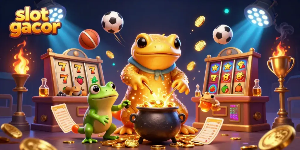 Gambarkan slot gacor dalam ilustrasi 3D dengan karakter alkemis dan elemen kasino menarik.