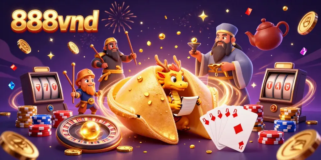 Engage with 888vnd's dynamic casino scene featuring a fortune cookie and winning symbols.
