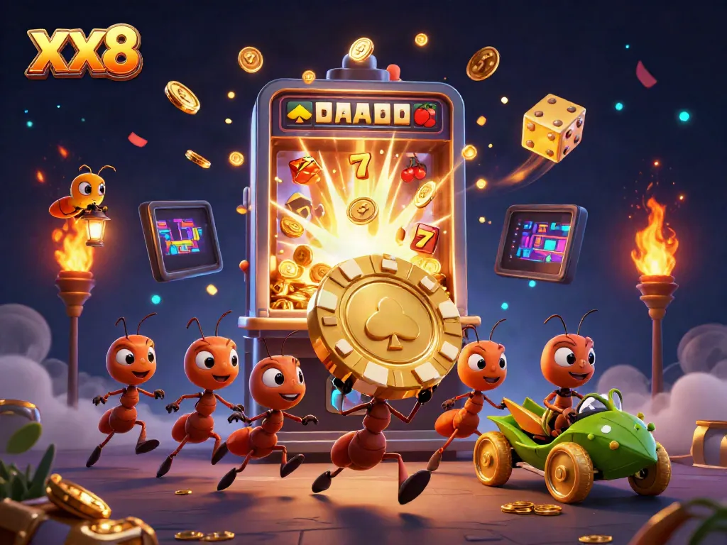 Ants in a heist carrying oversized poker chip surrounded by casino slots and golden coins for XX8.
