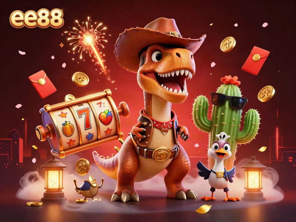 Catch the excitement of ee88 with a dynamic illustration of a dinosaur cowboy and vibrant slot game elements