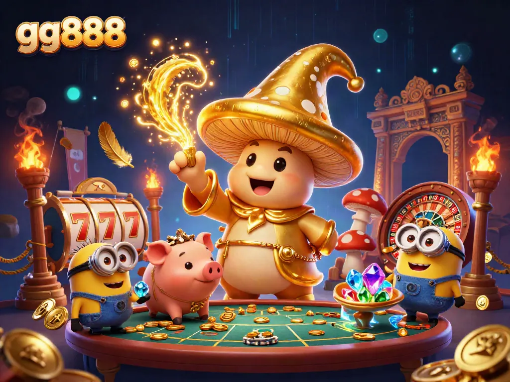Spin to win at gg888 with magical characters and vibrant casino action in this dynamic 3D illustration.