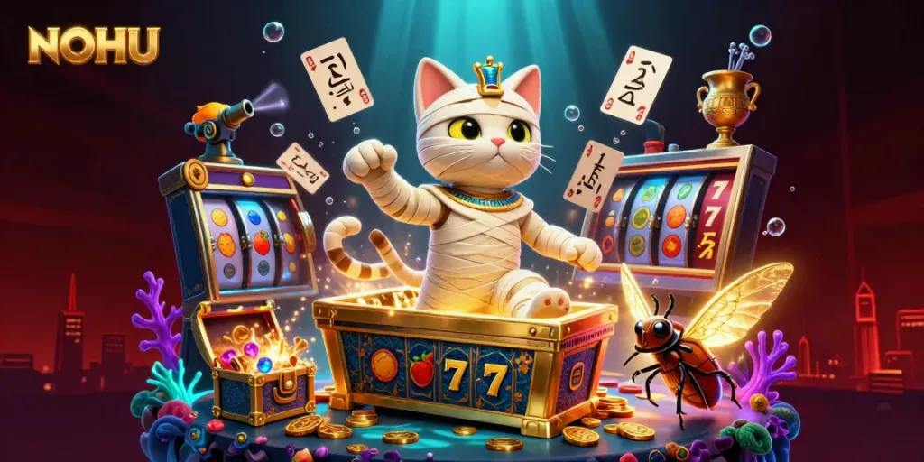 Watch the NOHU Egyptian mummy cat emerging from a golden sarcophagus in an exhilarating casino jackpot scene.