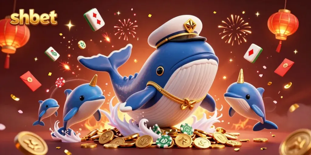 Experience the excitement of shbet with a vibrant scene of playful whales and poker chips in action.