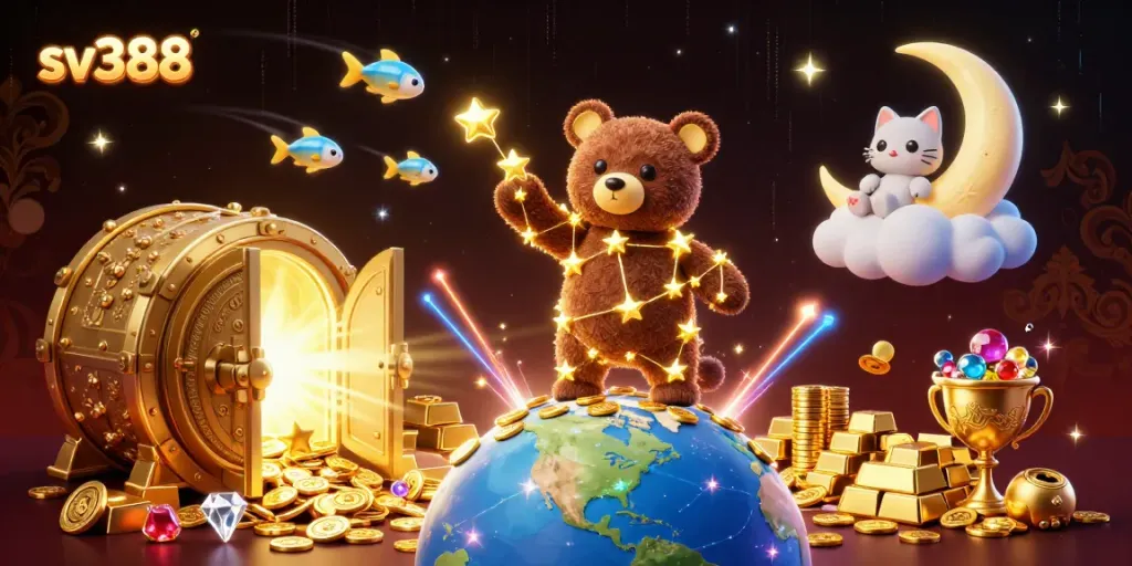 Scoop up winnings at SV388 with our 3D bear and colorful casino elements in a vibrant atmosphere.