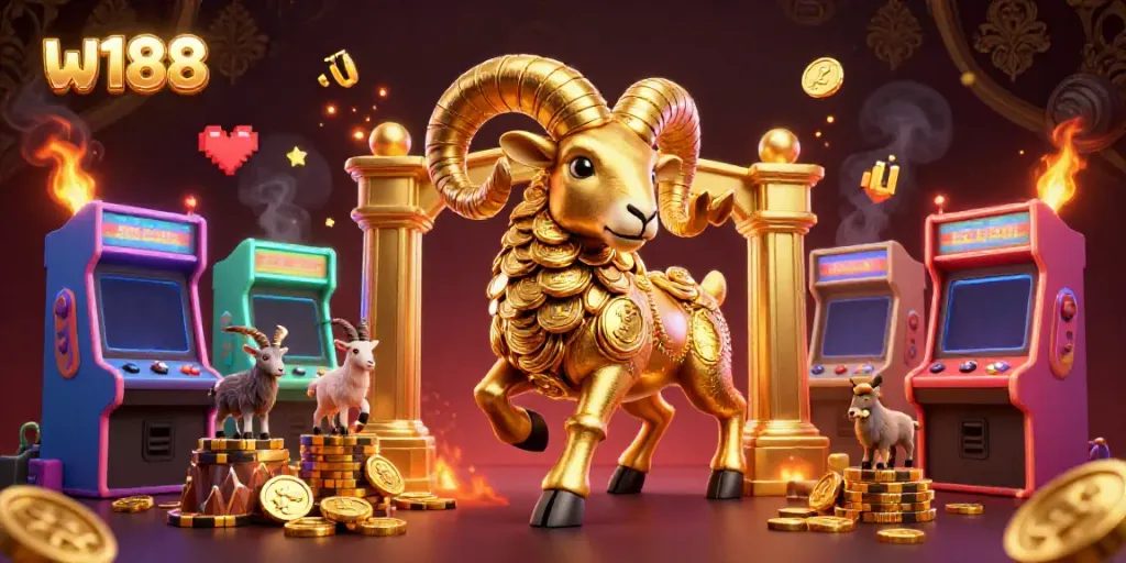 Engage in thrilling gaming at w188 with a vibrant 3D scene featuring a golden ram charging through a casino environment.
