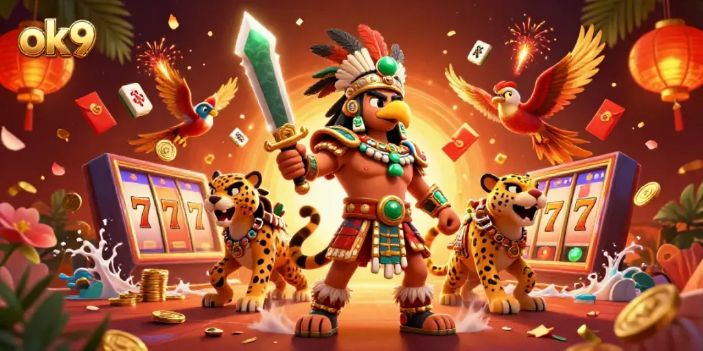 Experience the thrill of ok9 casino games with a vibrant Aztec-themed illustration showcasing warriors amidst exciting game elements.