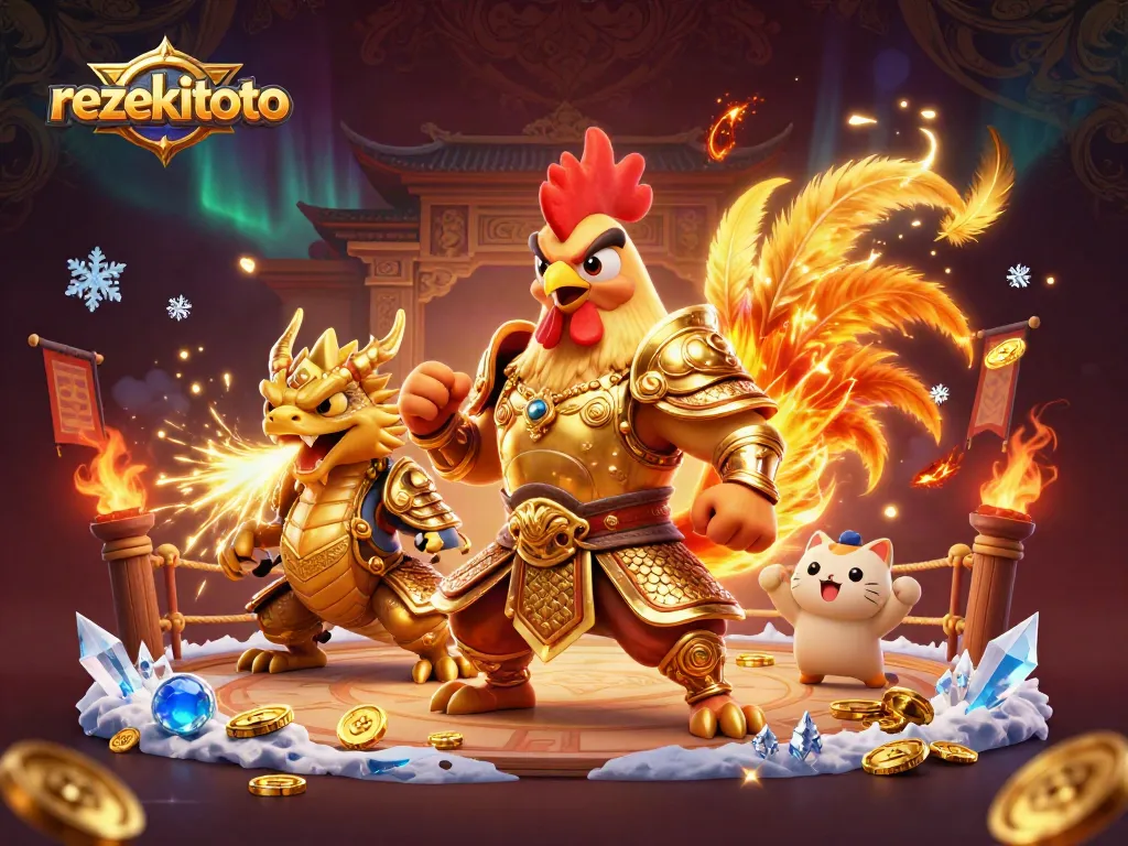 Experience exhilarating wins with rezekitoto's exciting cartoon warriors in a vibrant casino battle scene.