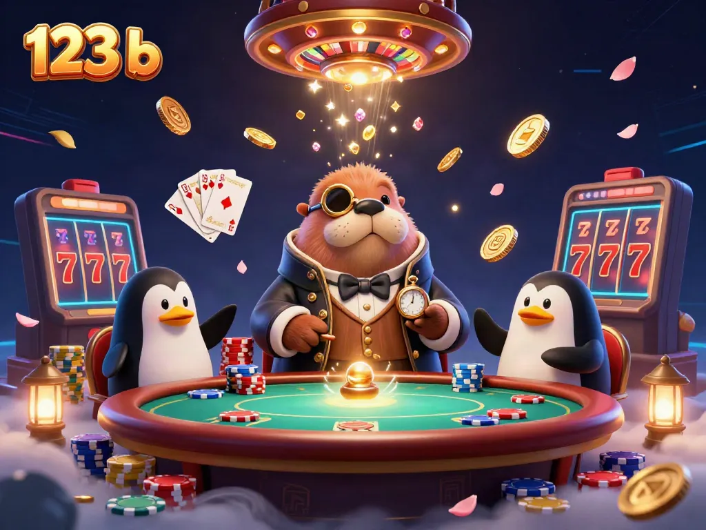 Experience thrilling poker with the jolly walrus, sophisticated penguin, and pufferfish in this vibrant underwater scene at 123 b casino.