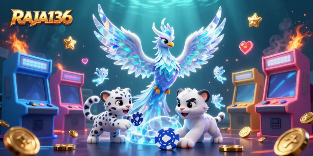 Engage with RAJA136 through a captivating 3D casino-themed illustration depicting a vibrant gaming experience.