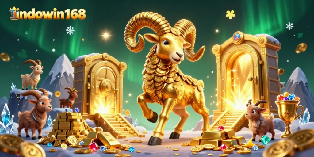Experience winning at indowin168 with a vibrant 3D casino scene illustrated in gold.