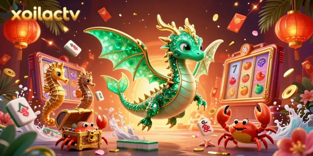 Experience exhilarating gameplay at xoilactv with a vibrant casino-themed 3D illustration showcasing slot reels and more.
