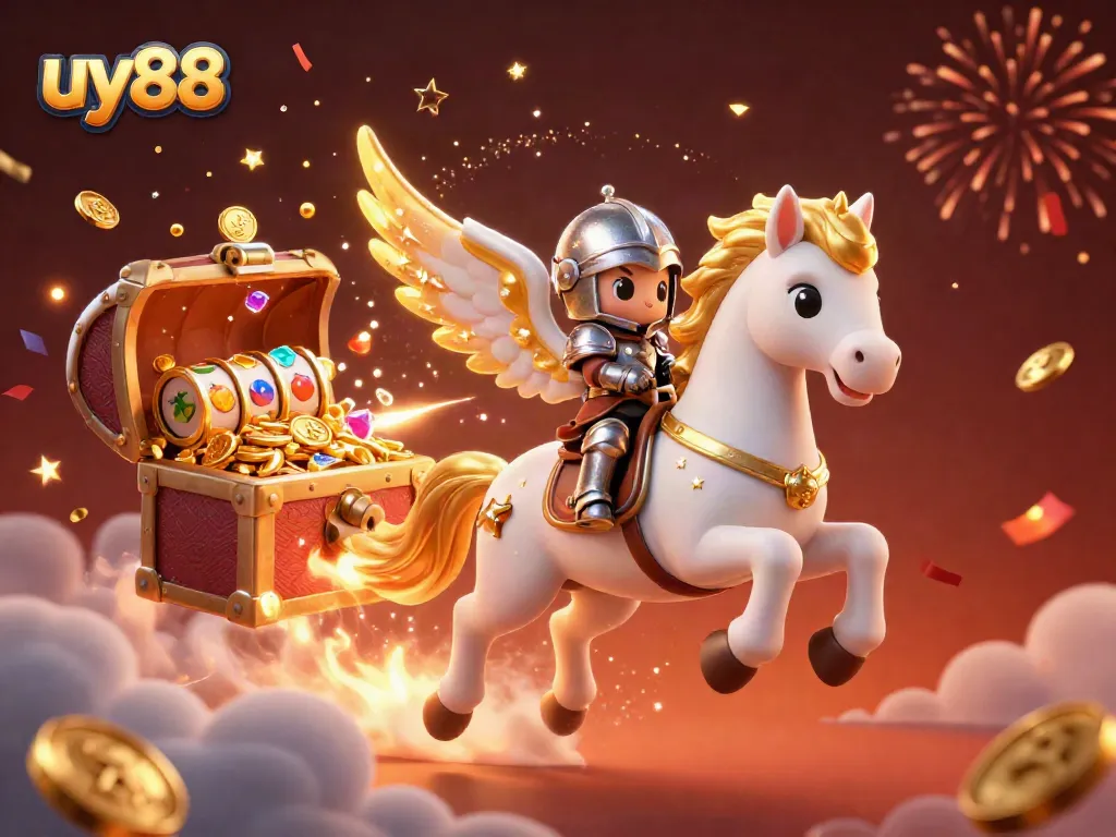 Experience the thrills of uy88 with a fantasy scene featuring a celestial horse and gaming elements.
