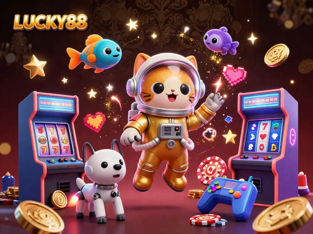Join the fun at LUCKY88 casino with a vibrant 3D illustration of exciting gaming elements and characters.