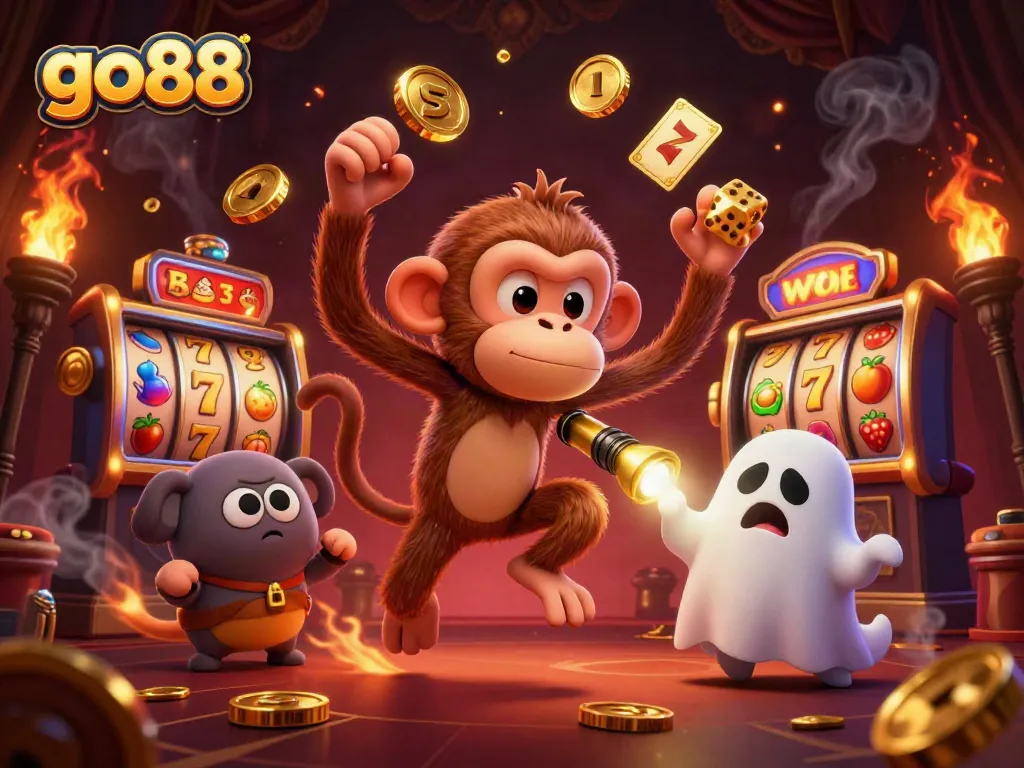 Experience the excitement of go88 with a playful poltergeist monkey and ghost-hunter puppy in a haunted casino-themed scene.