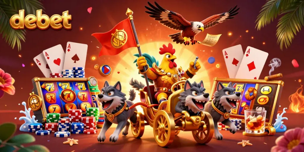 Experience thrilling gaming with debet's dynamic 3D casino scene full of vibrant slot elements.
