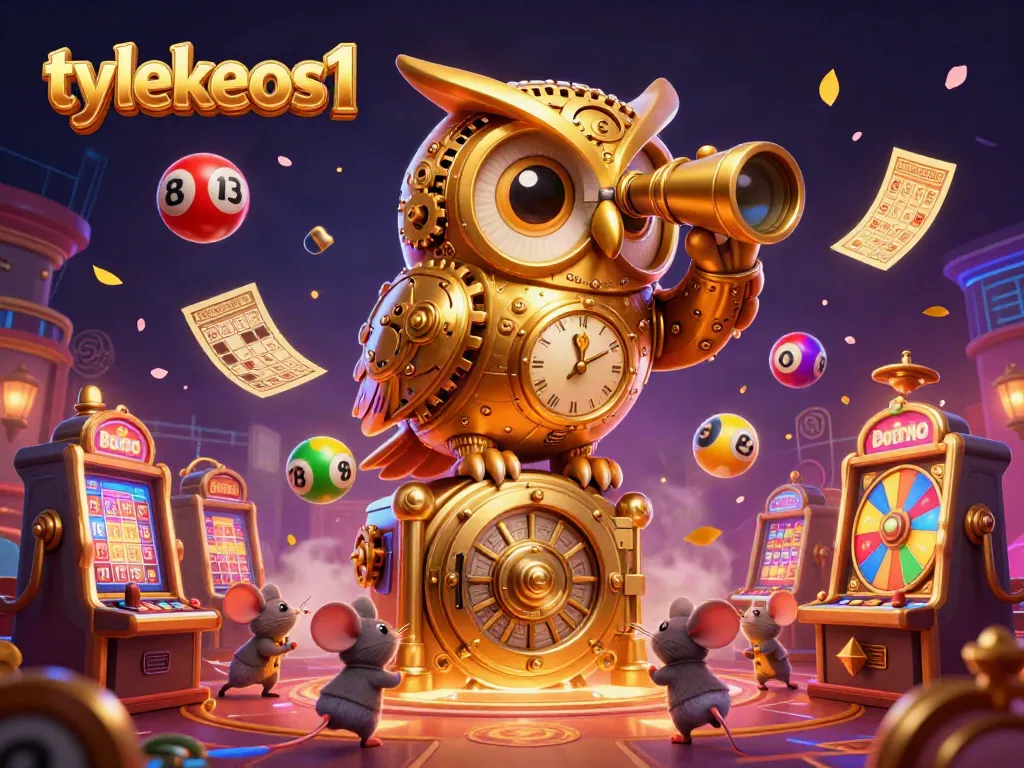 Engage with the thrilling world of tylekeos1 as a golden owl oversees a bustling casino scene filled with dynamic lottery elements.