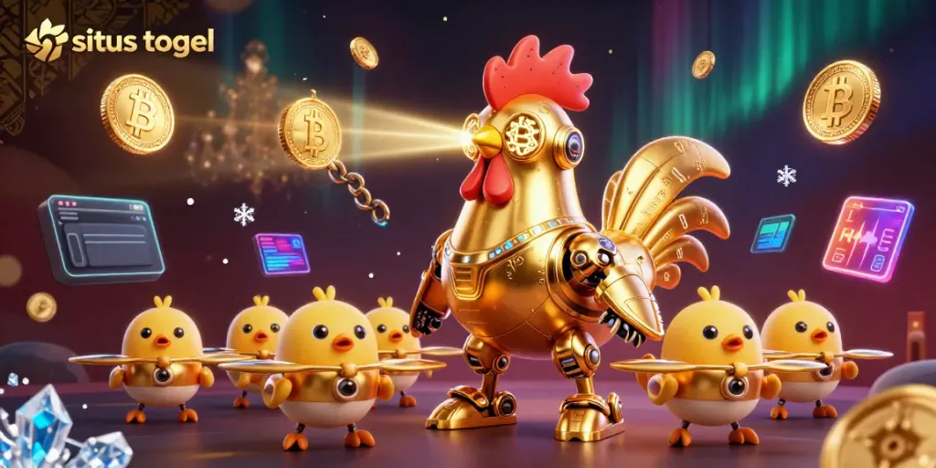 Engage with situs togel through a vibrant, dynamic 3D scene featuring a golden rooster robot and cryptocurrencies.