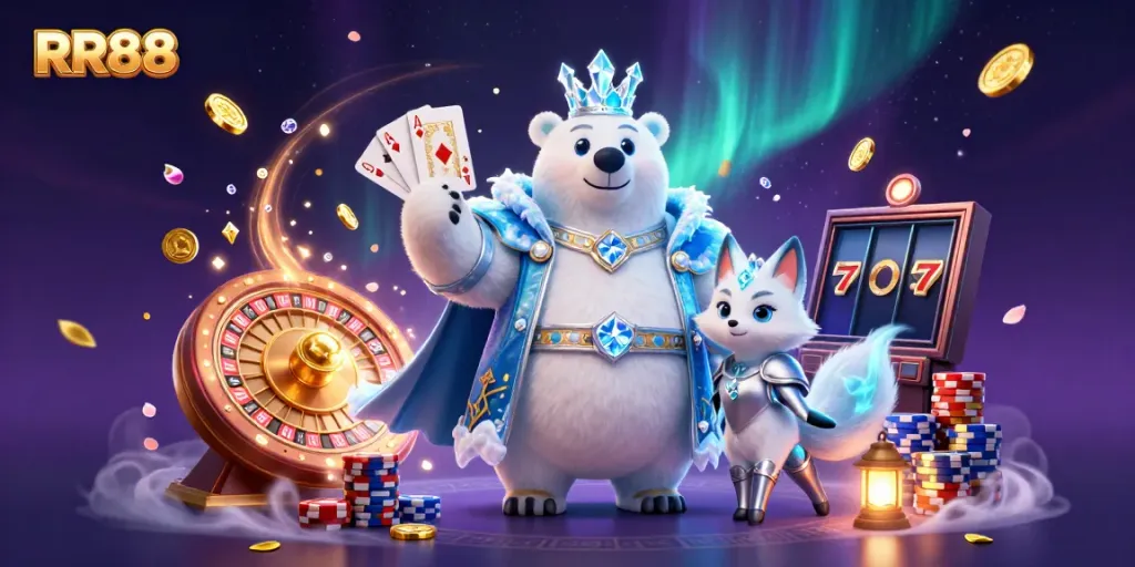 Experience dynamic gaming with RR88 featuring a polar bear king and snow fox amidst vibrant casino elements.