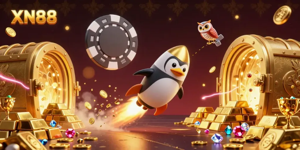Experience XN88 through a vibrant casino adventure with golden penguins and treasure in space.