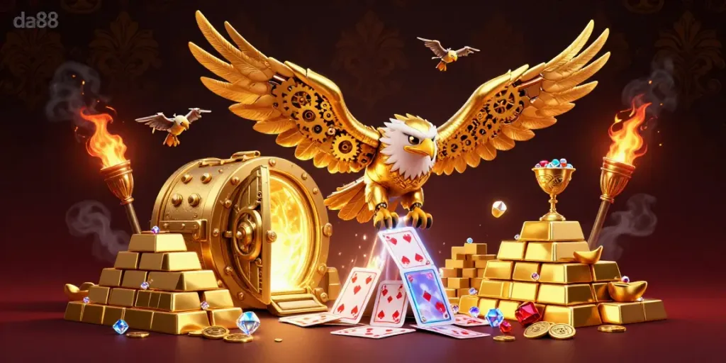 Dive into excitement with da88 as golden treasures and holographic cards fill the scene.