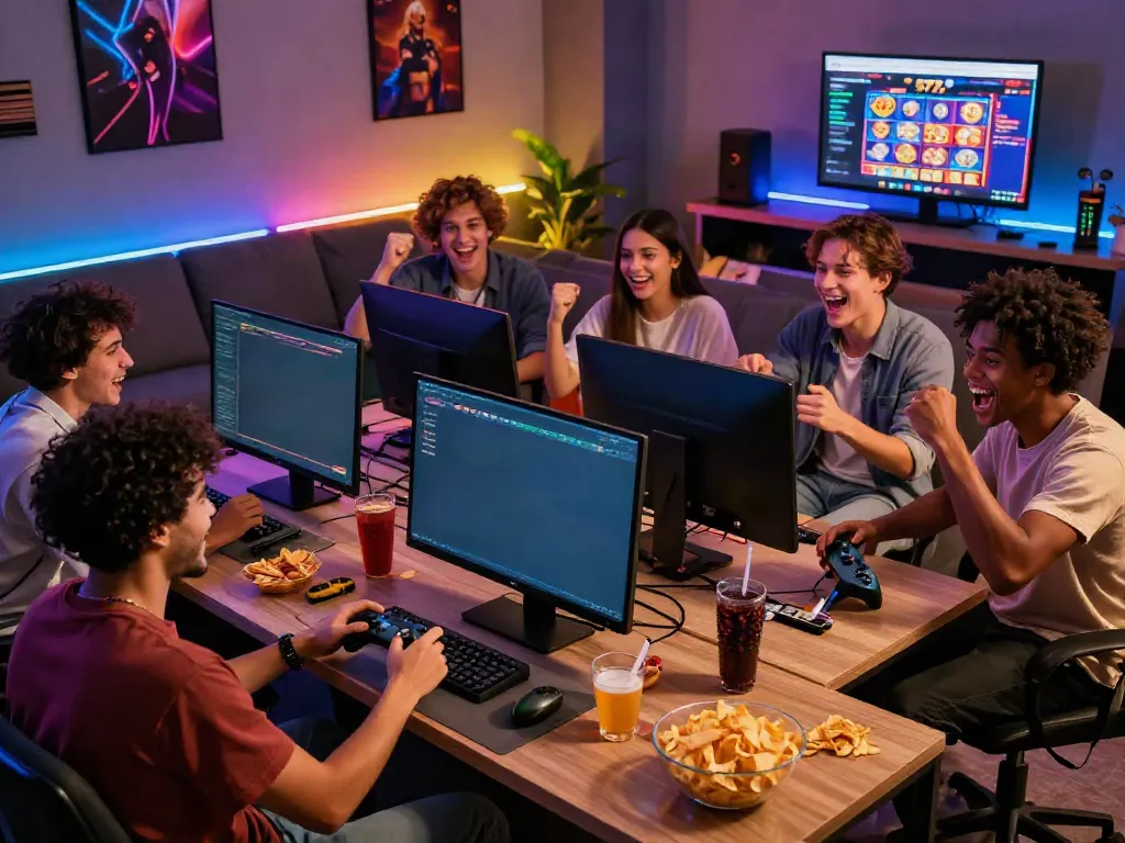 Friends enjoying slot777 games in a dynamic gaming room with colorful lights and snacks