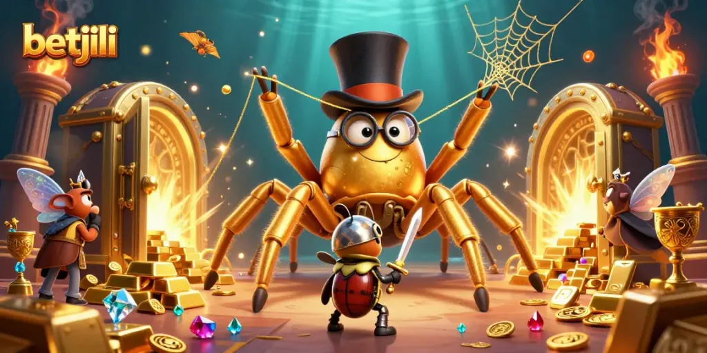 Engage with the betjili scene showcasing a giant tarantula in a casino web among treasures and a beetle knight.
