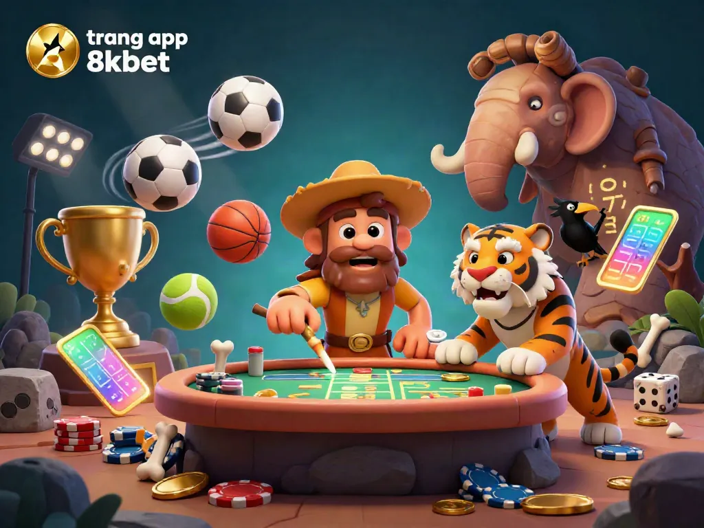 Engage with the thrilling world of sports betting on the trang app 8xbet, featuring a lively prehistoric casino scene.