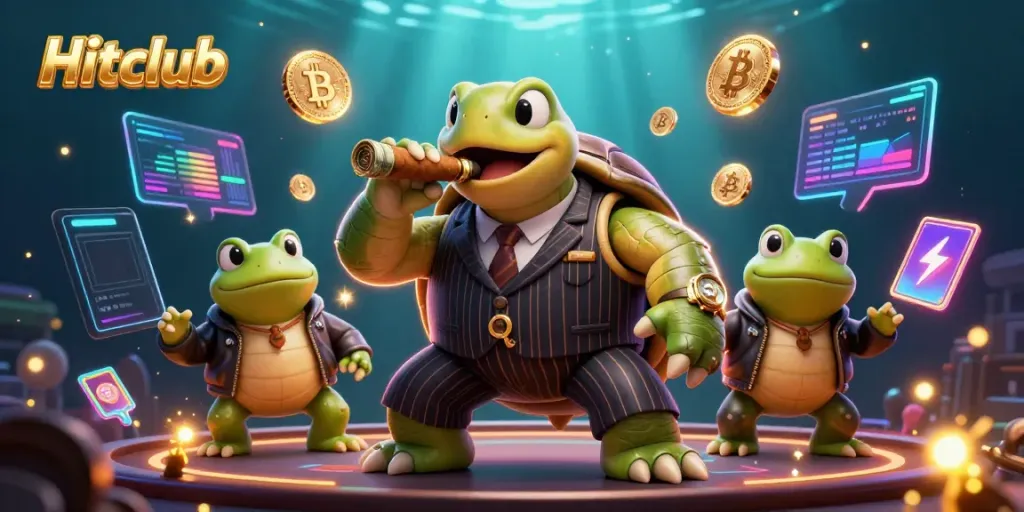 Hitclub’s iconic snapping turtle character and bullfrog enforcers create a vibrant casino scene filled with glowing crypto coins.