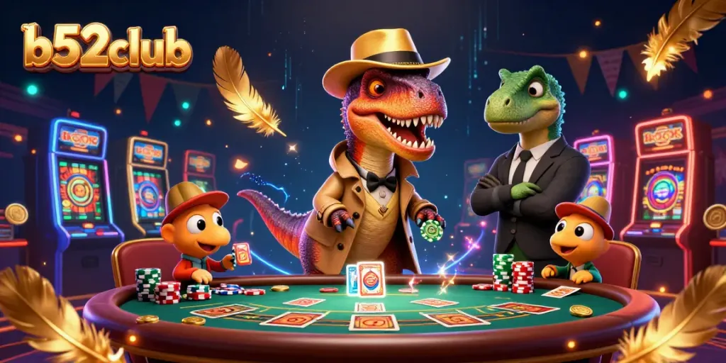 Experience the thrilling b52club atmosphere with a velociraptor card counter trying to win at blackjack.