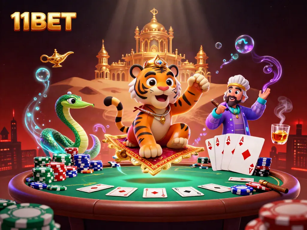 Engage with exciting 11BET casino action seen in a vibrant 3D illustration filled with poker elements.