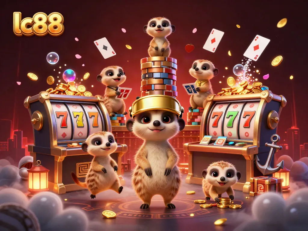 Experience lc88 casino thrills with a lively meerkat gaming scene featuring cards, coins, and dynamic elements.